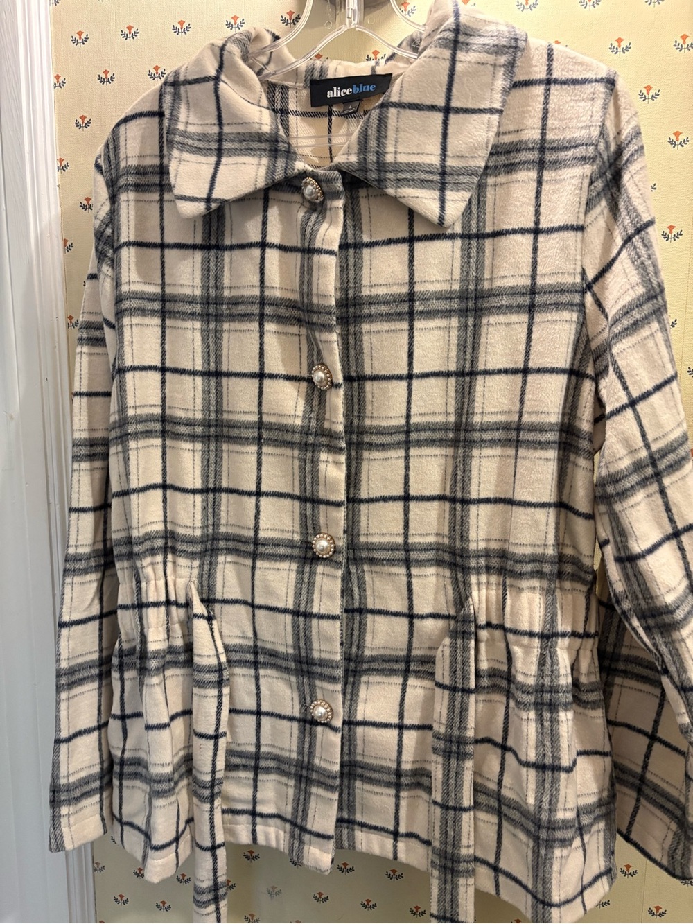 Alice Blue Cream and Navy Windowpane Plaid Button-Up Tunic Jacket